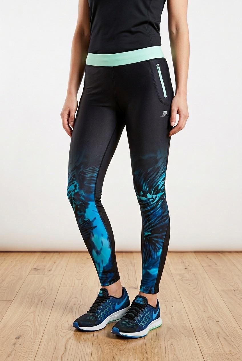 Black Sports Leggings with Blue Print and Mint Waistband